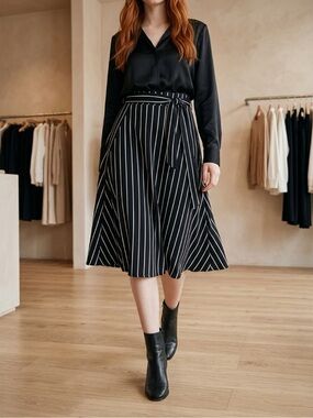 Womens Black & White Pinstripe A-Line Skirt | Skater Skirt